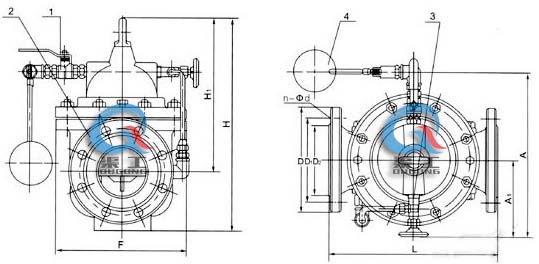 100X遙控浮球閥 外形結(jié)構(gòu)圖 (1、球閥 2、主閥 3、針閥 4、浮球閥)